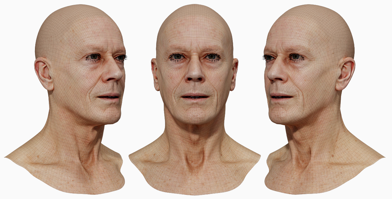 Older male wireframed render three d head model